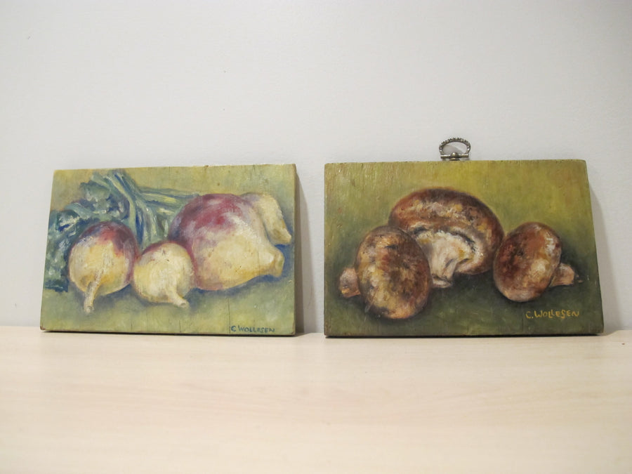 Framed Still Life Painting Art on Wood Mushroom and Radish