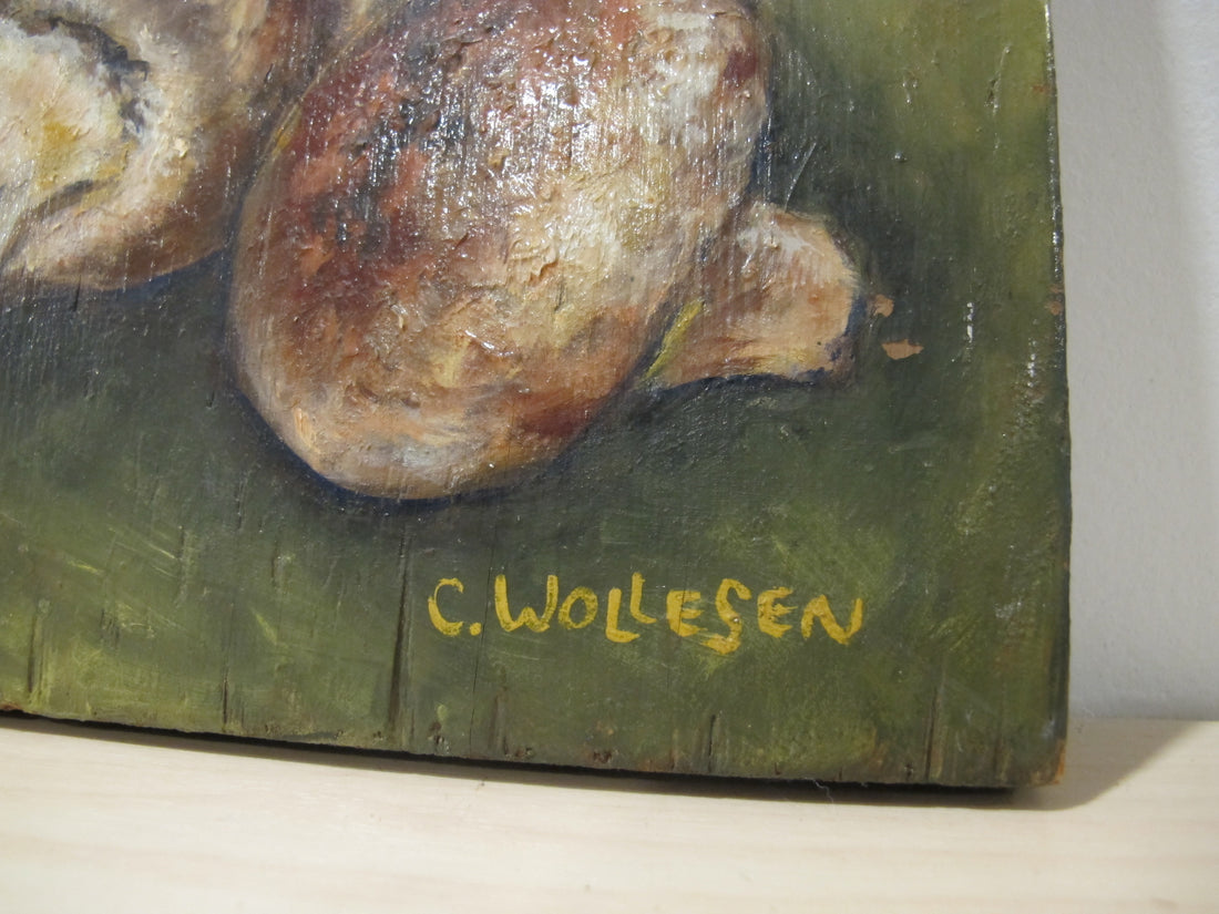 Framed Still Life Painting Art on Wood Mushroom and Radish