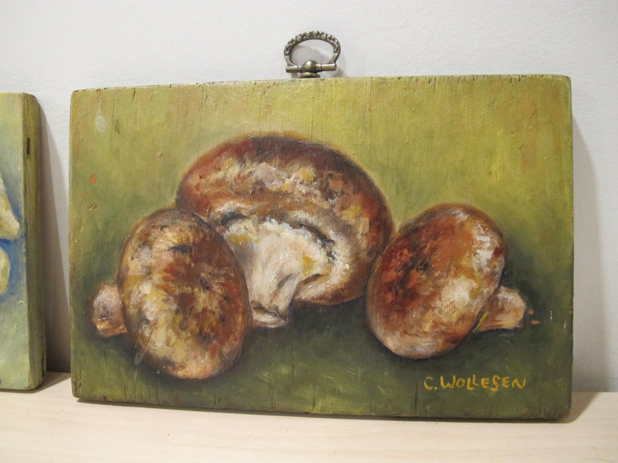 Framed Still Life Painting Art on Wood Mushroom and Radish
