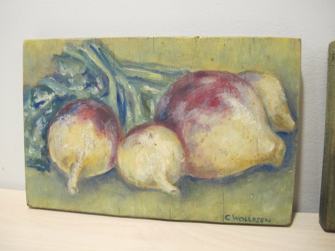 Framed Still Life Painting Art on Wood Mushroom and Radish