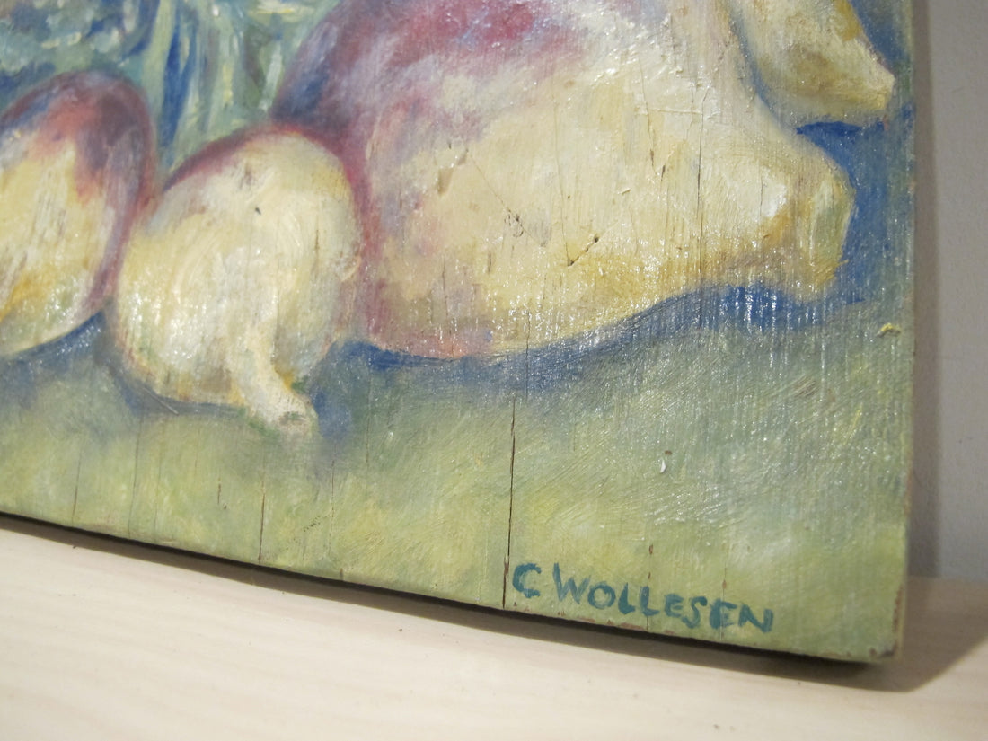 Framed Still Life Painting Art on Wood Mushroom and Radish