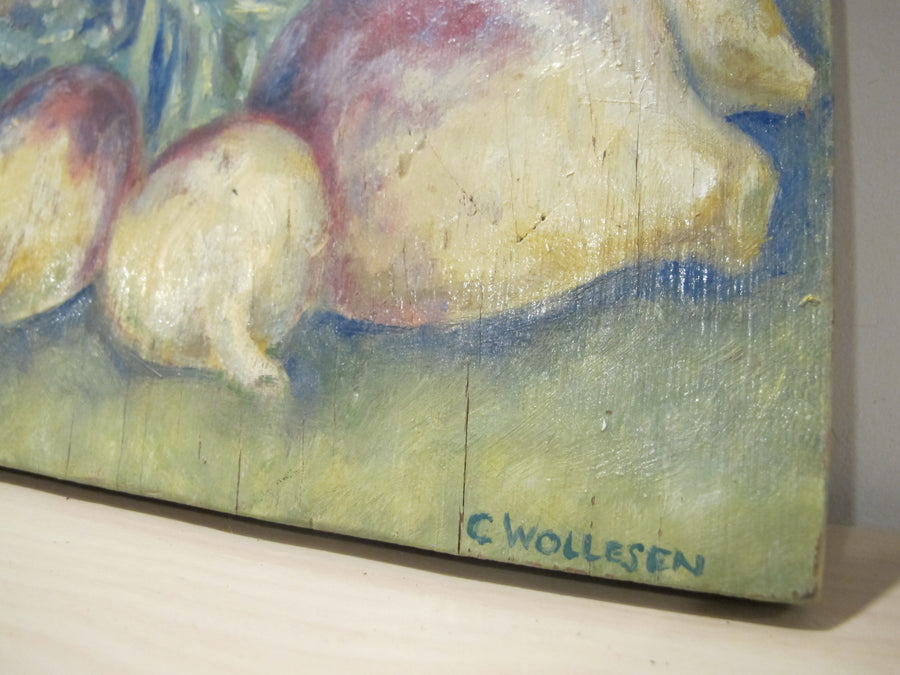 Framed Still Life Painting Art on Wood Mushroom and Radish