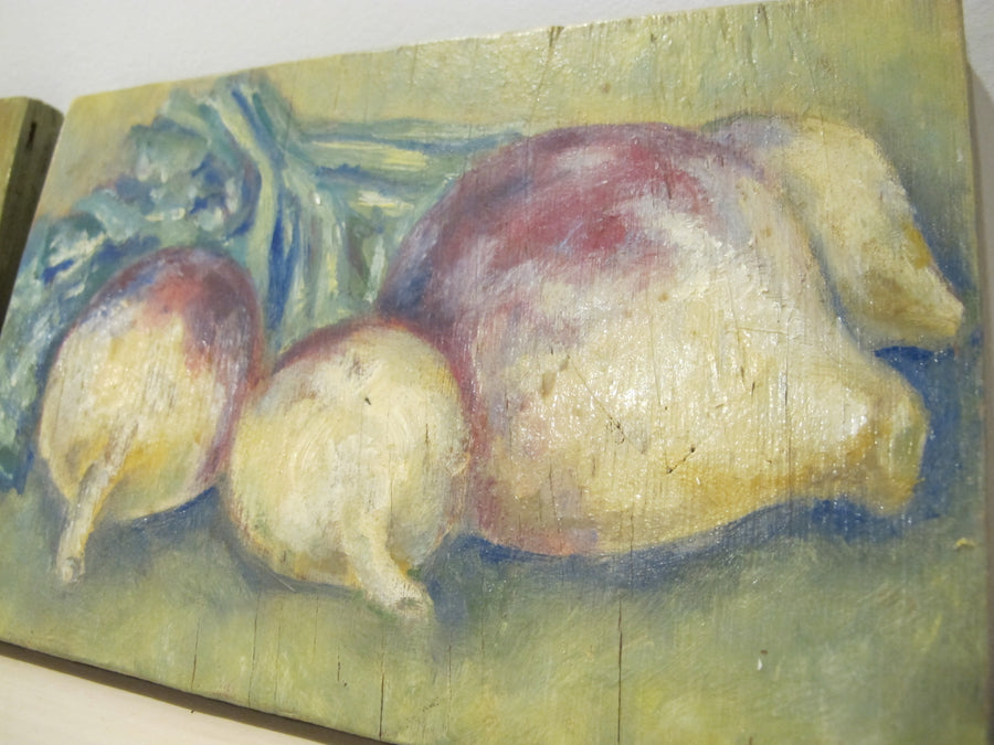 Framed Still Life Painting Art on Wood Mushroom and Radish