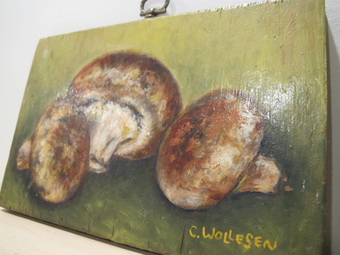 Framed Still Life Painting Art on Wood Mushroom and Radish