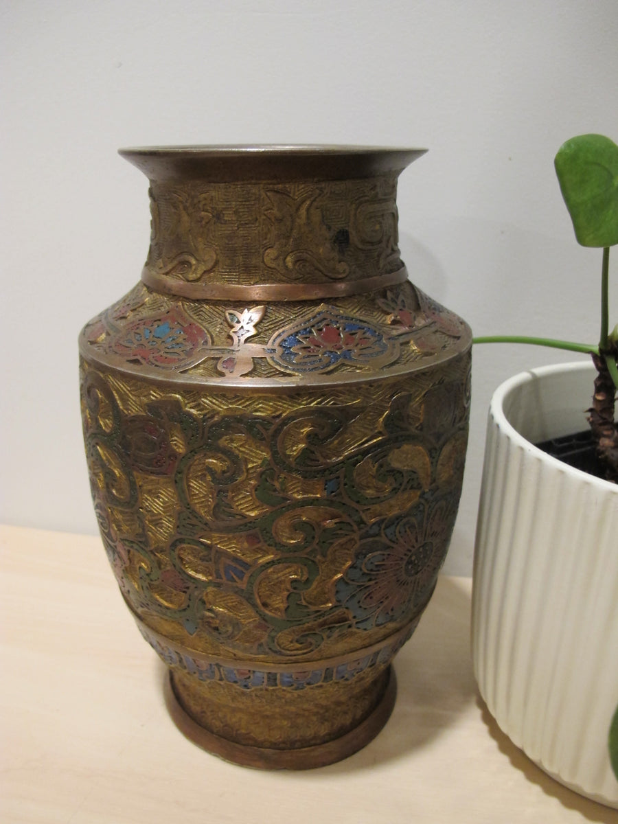 Cast Enameled Brass Vase Antique Made in Japan