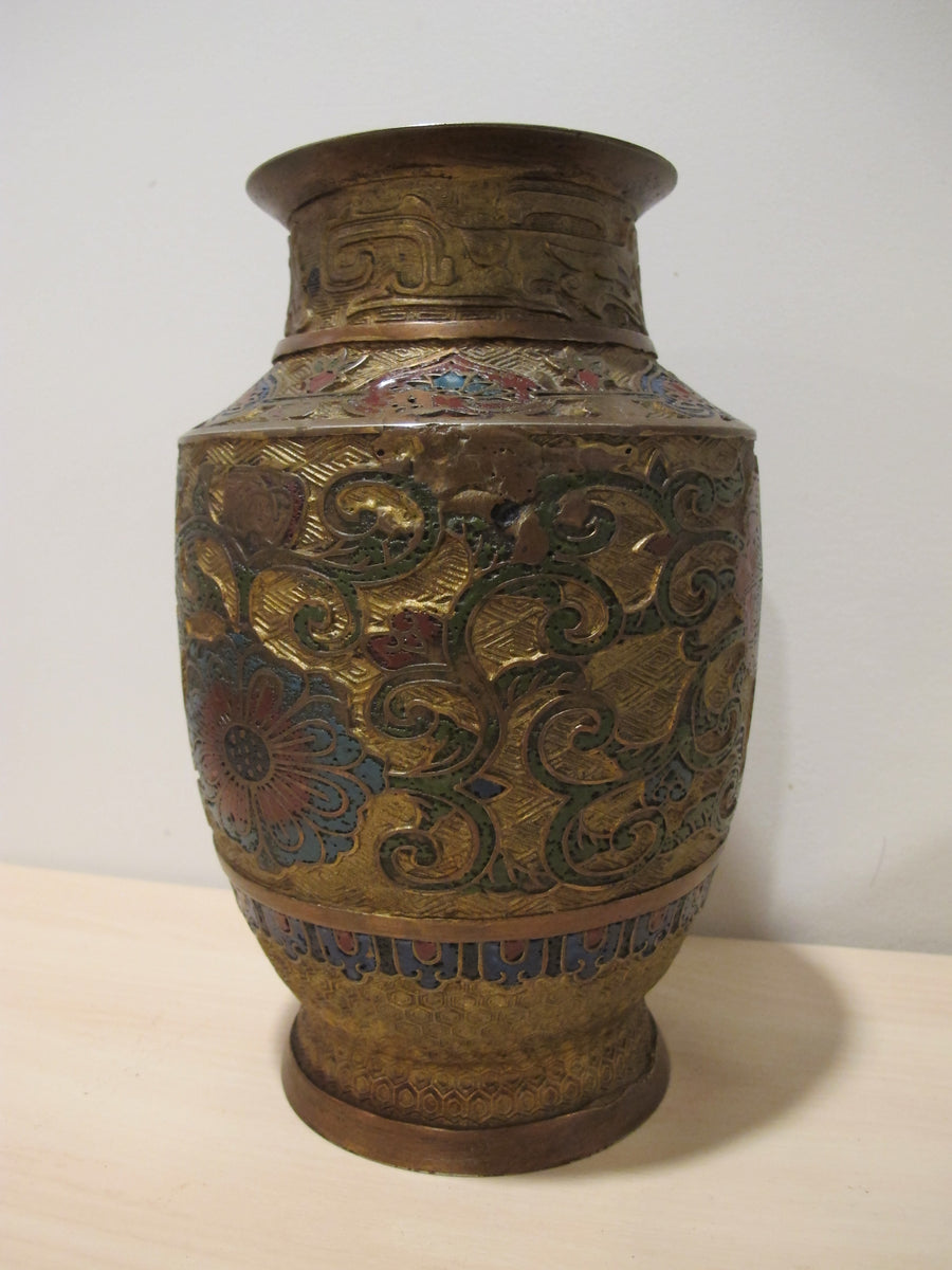 Cast Enameled Brass Vase Antique Made in Japan