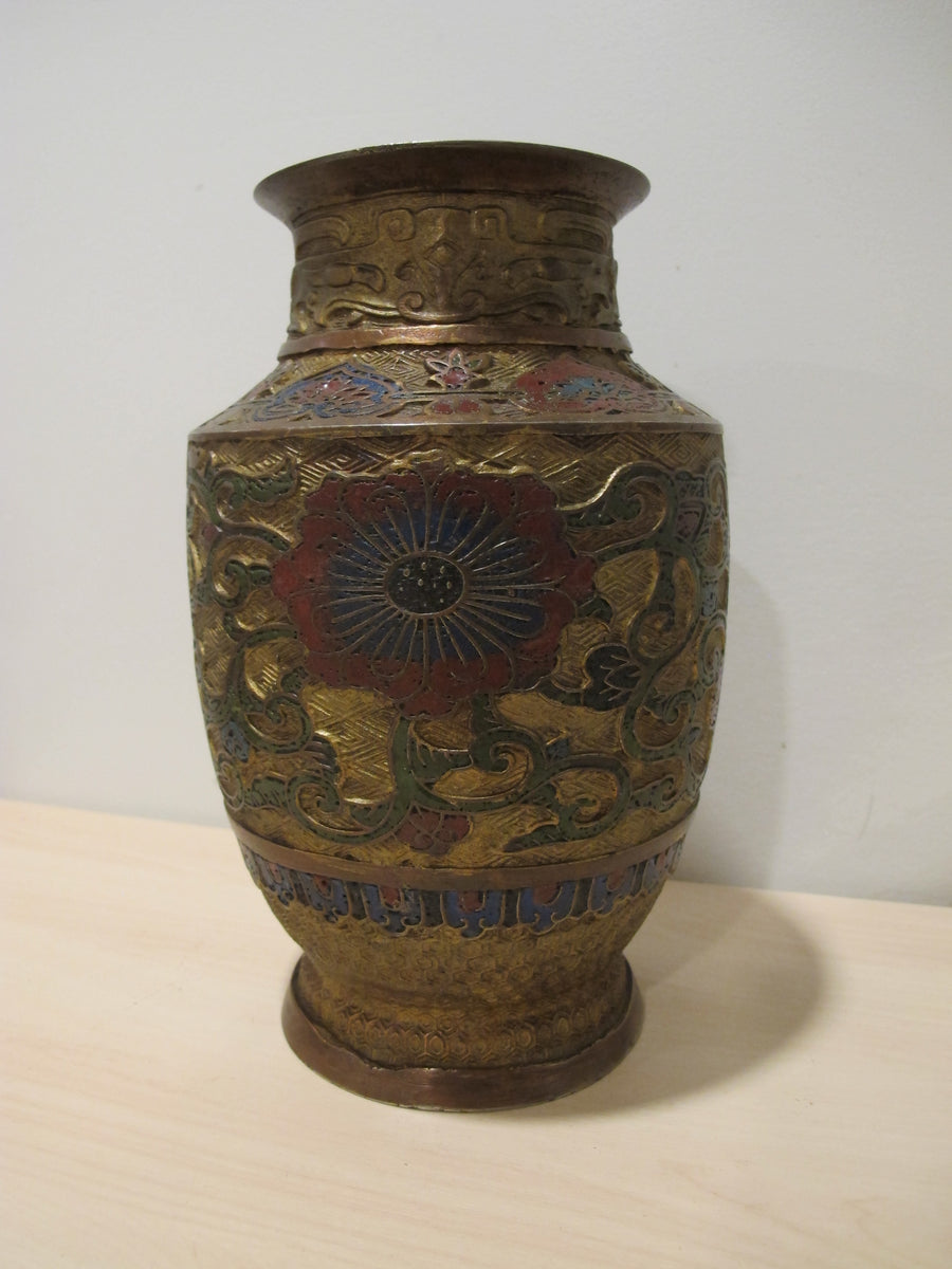 Cast Enameled Brass Vase Antique Made in Japan