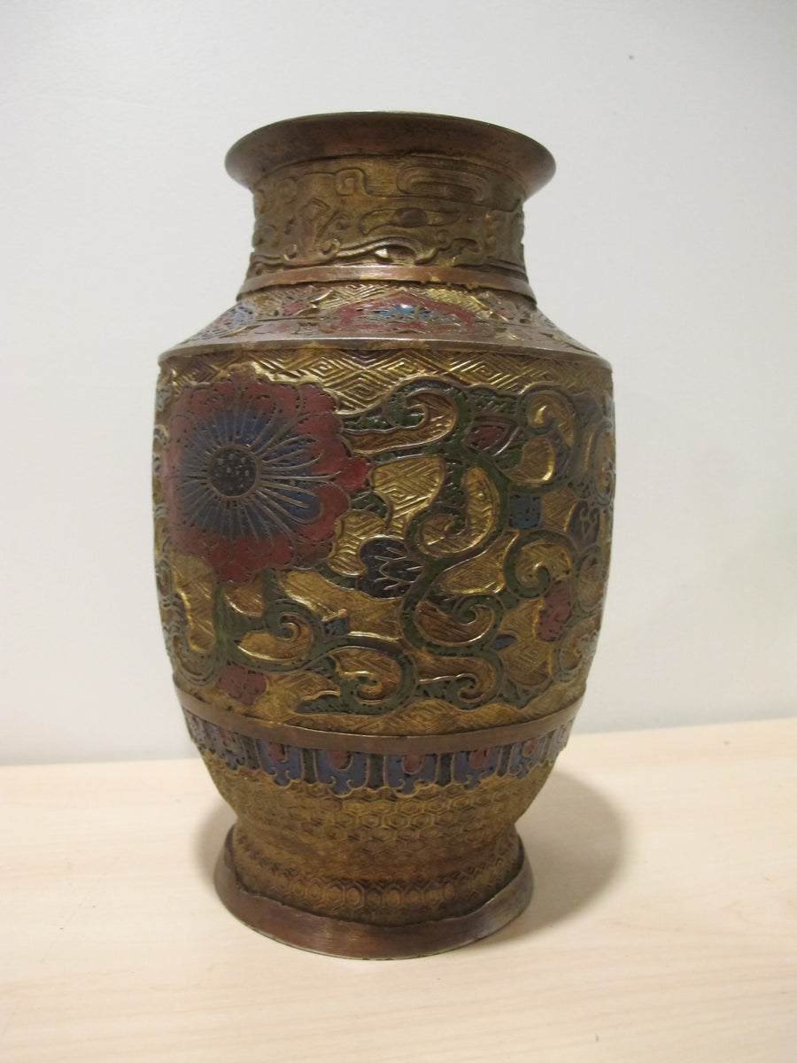 Cast Enameled Brass Vase Antique Made in Japan