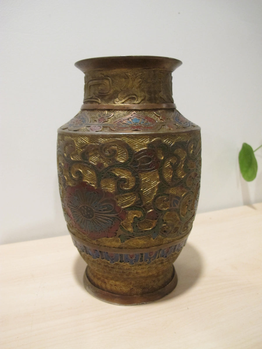 Cast Enameled Brass Vase Antique Made in Japan