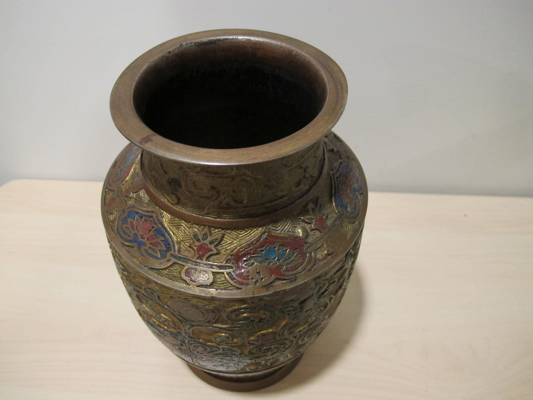 Cast Enameled Brass Vase Antique Made in Japan