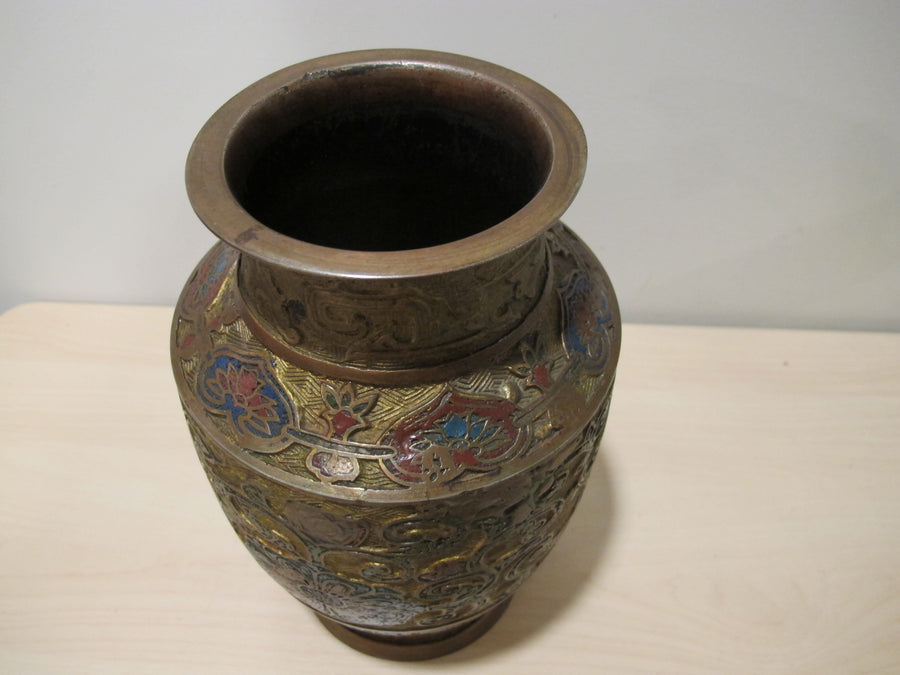 Cast Enameled Brass Vase Antique Made in Japan