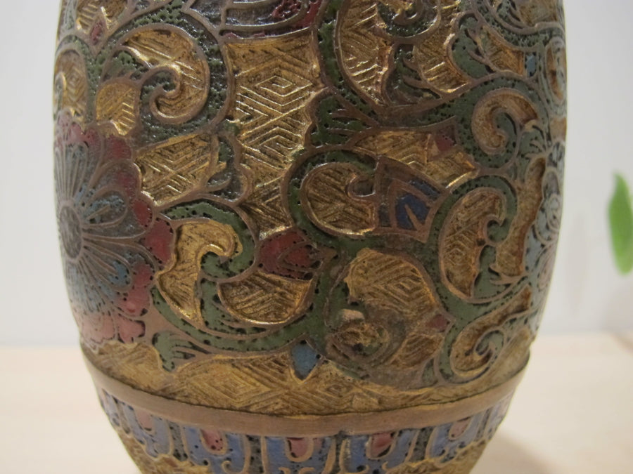 Cast Enameled Brass Vase Antique Made in Japan