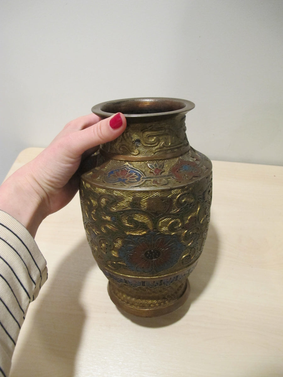 Cast Enameled Brass Vase Antique Made in Japan