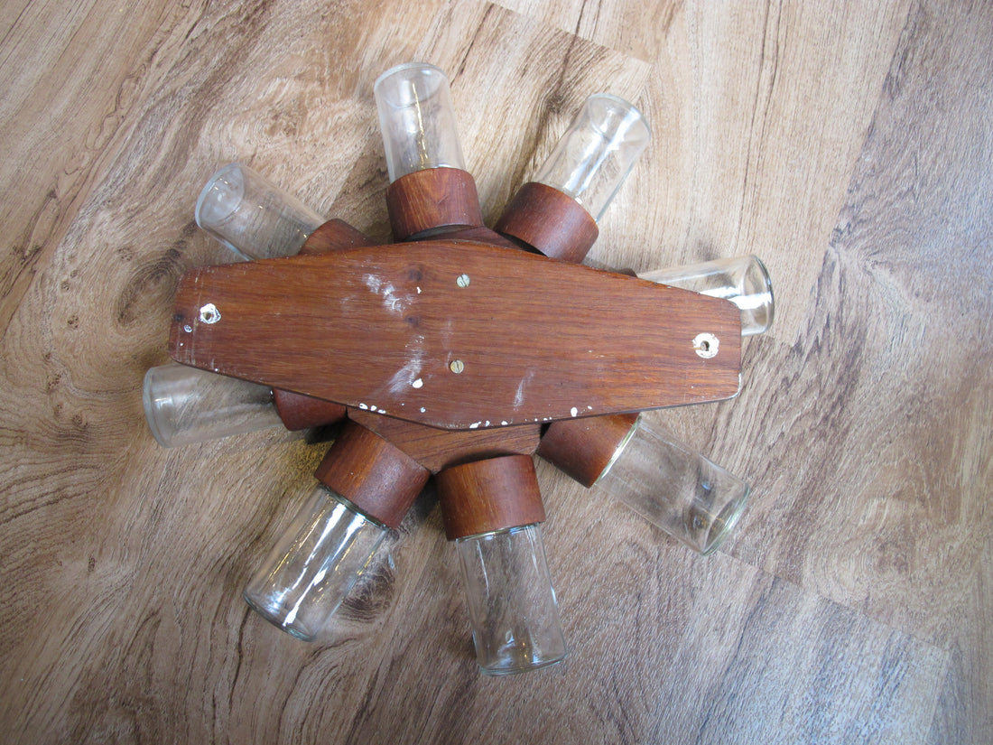 Midcentury Rotating Wall Spice Rack Danish Atomic with 8 Jars