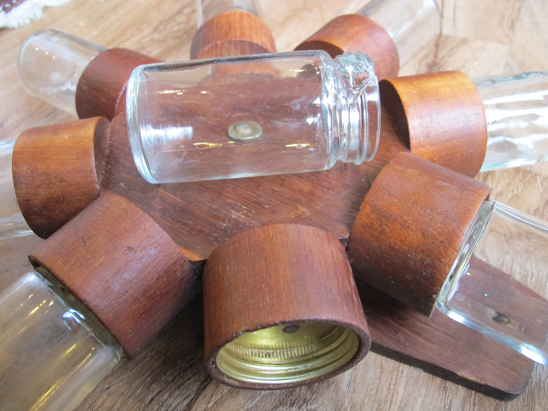 Midcentury Rotating Wall Spice Rack Danish Atomic with 8 Jars