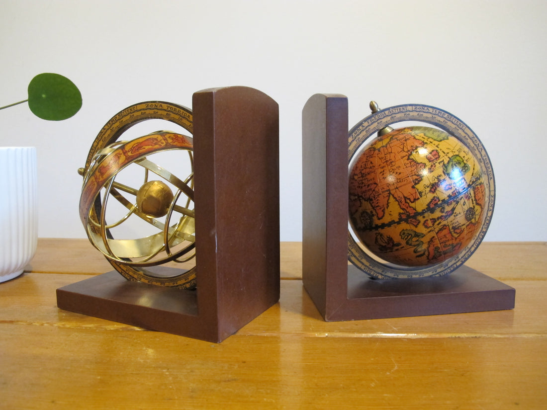 Set of Globe Bookends Wood Spinning Paper Mache Brass Wood Globes