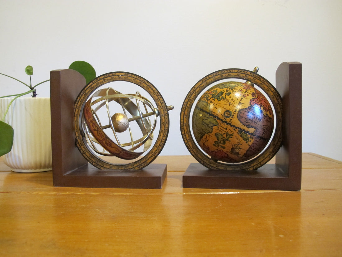 Set of Globe Bookends Wood Spinning Paper Mache Brass Wood Globes