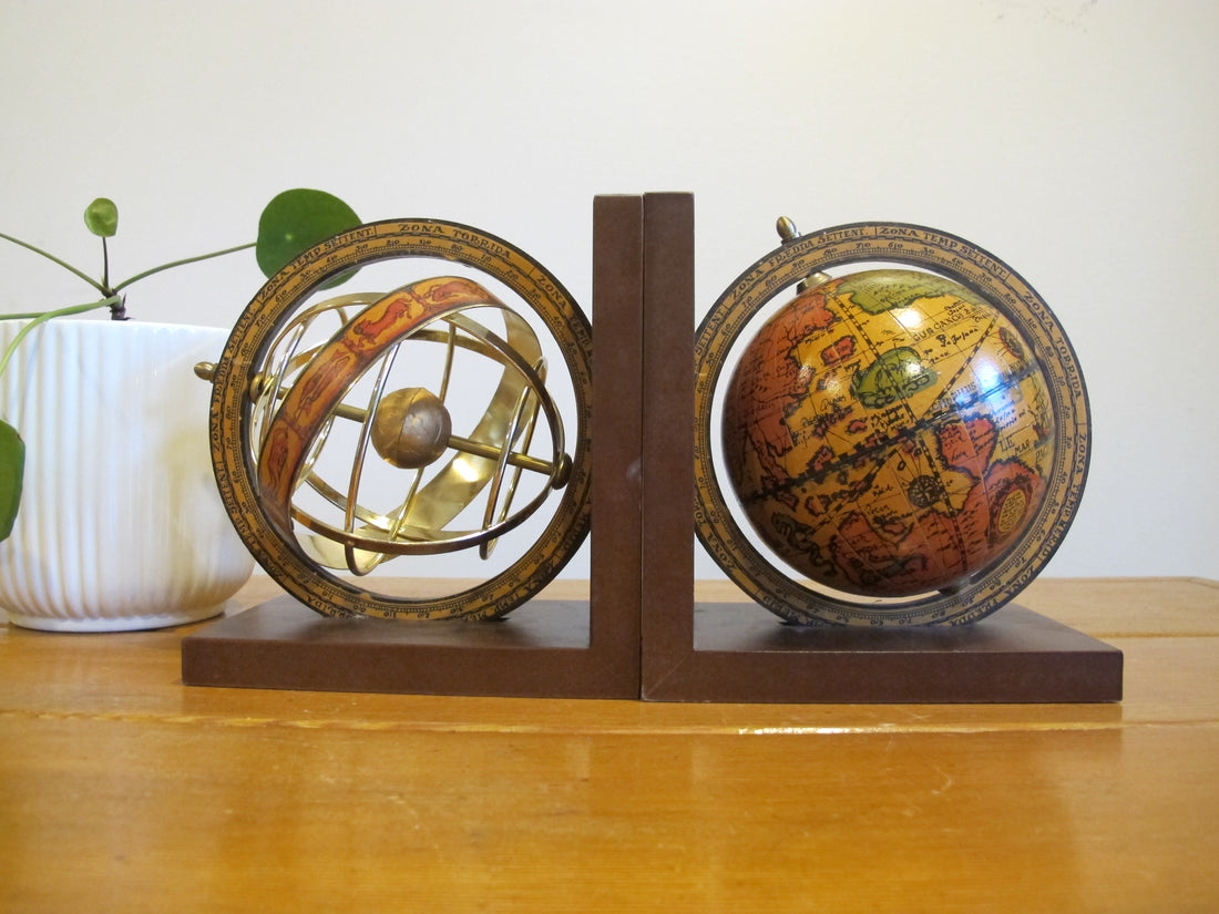 Set of Globe Bookends Wood Spinning Paper Mache Brass Wood Globes