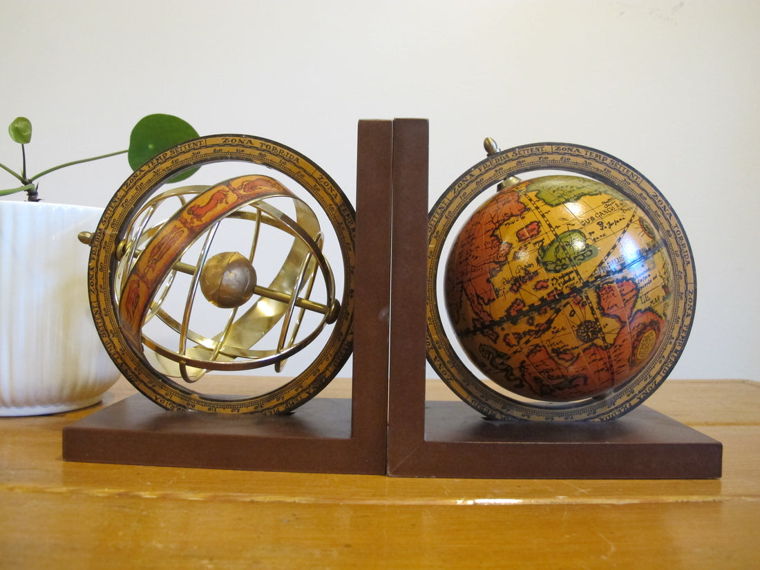 Set of Globe Bookends Wood Spinning Paper Mache Brass Wood Globes