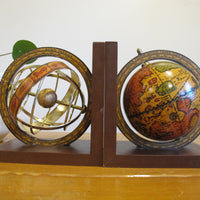 Set of Globe Bookends Wood Spinning Paper Mache Brass Wood Globes
