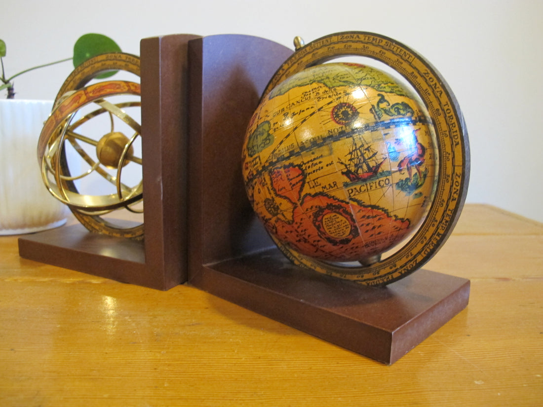 Set of Globe Bookends Wood Spinning Paper Mache Brass Wood Globes