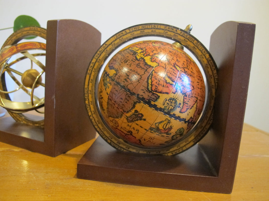 Set of Globe Bookends Wood Spinning Paper Mache Brass Wood Globes