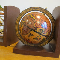 Set of Globe Bookends Wood Spinning Paper Mache Brass Wood Globes