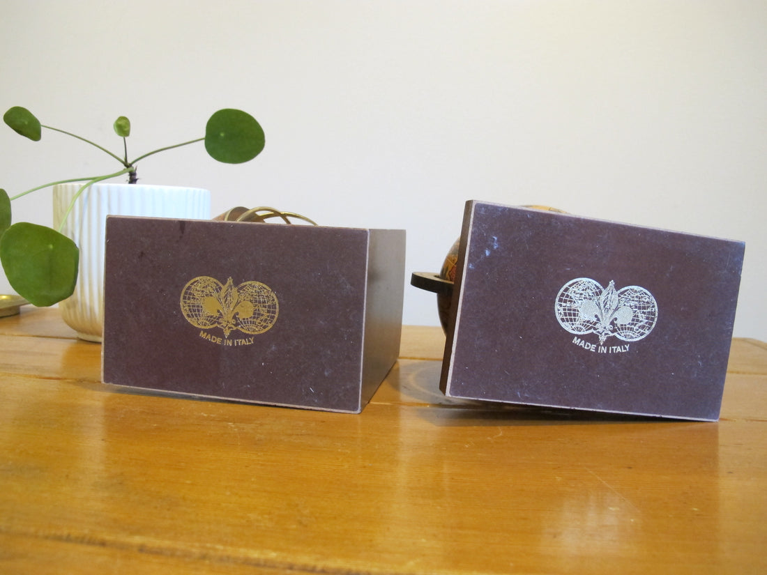 Set of Globe Bookends Wood Spinning Paper Mache Brass Wood Globes