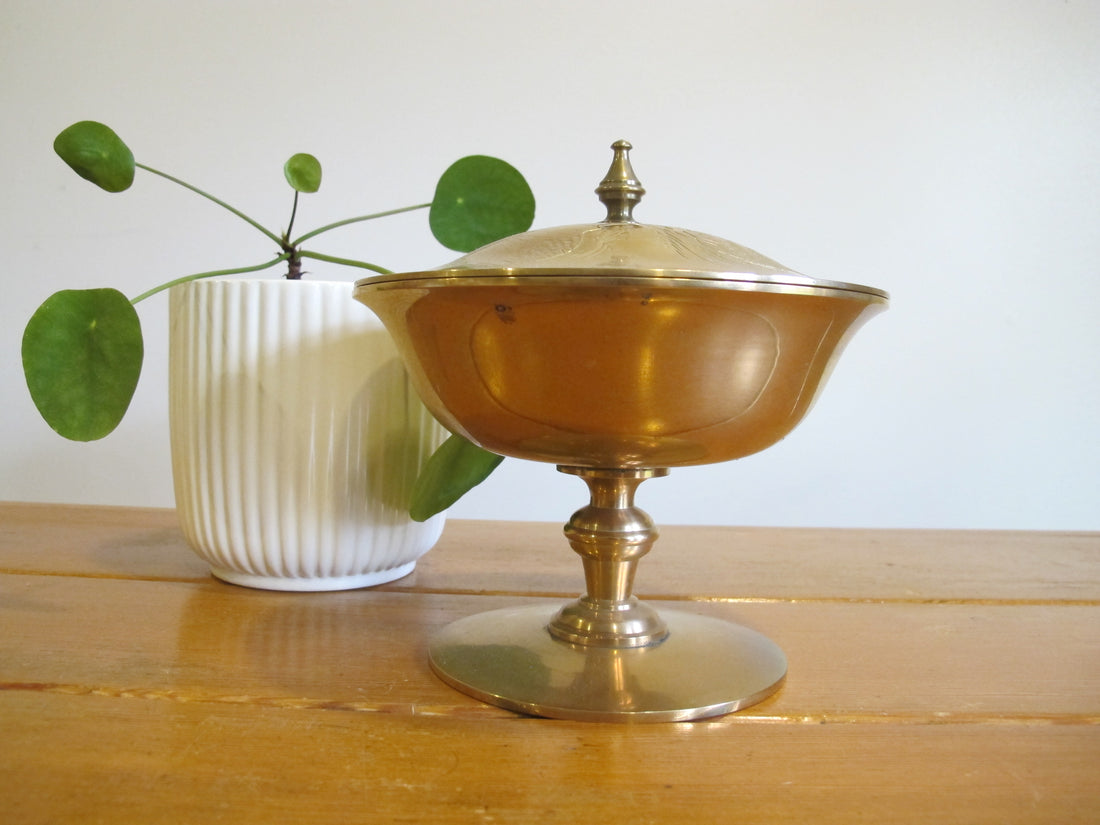 Brass Pedestal Serving Candy Dish Etched Vintage