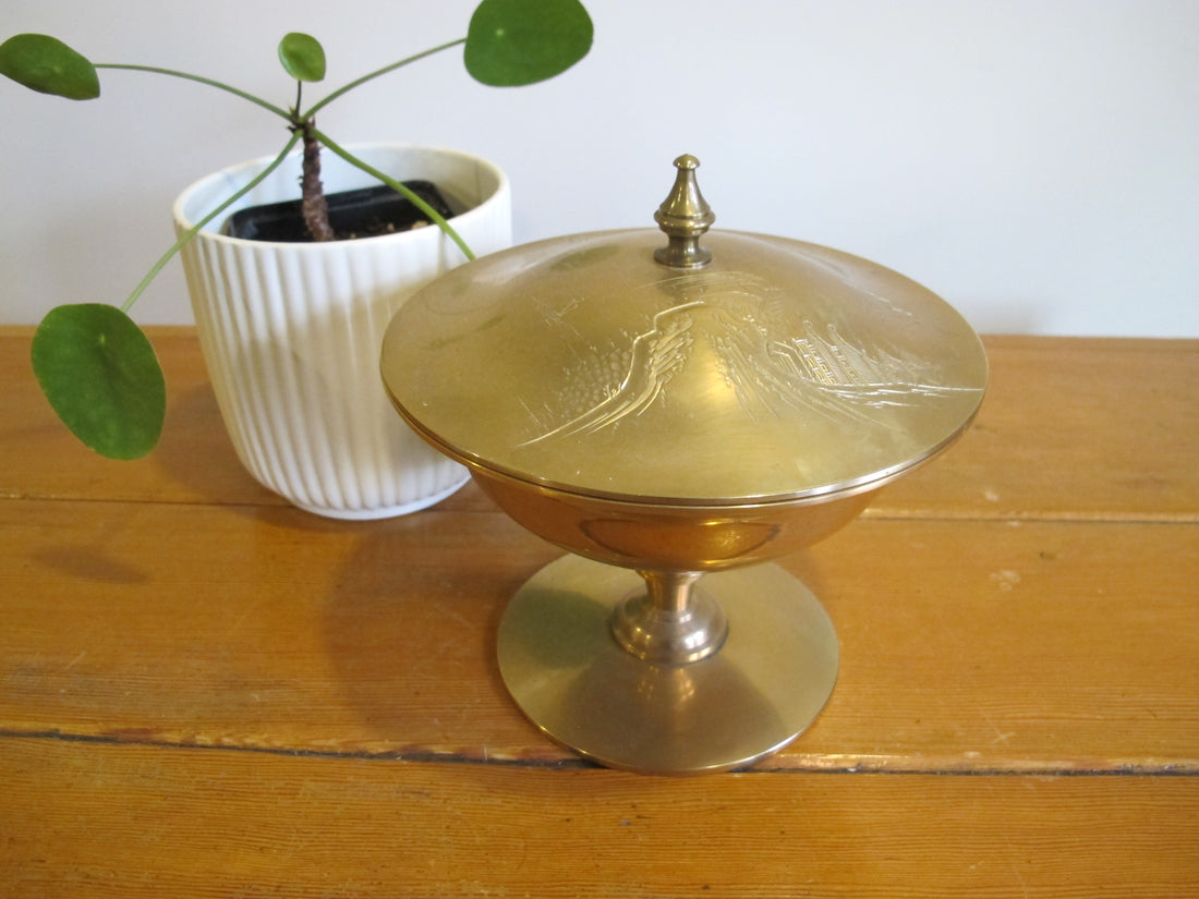 Brass Pedestal Serving Candy Dish Etched Vintage
