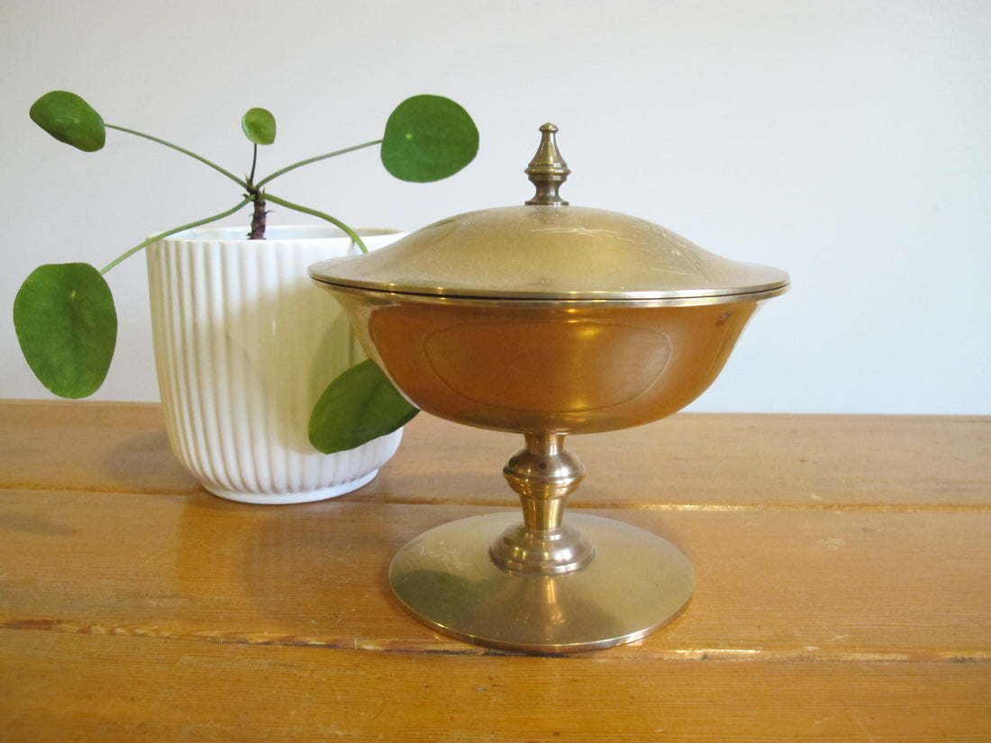 Brass Pedestal Serving Candy Dish Etched Vintage