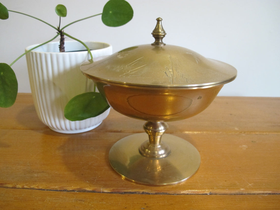 Brass Pedestal Serving Candy Dish Etched Vintage
