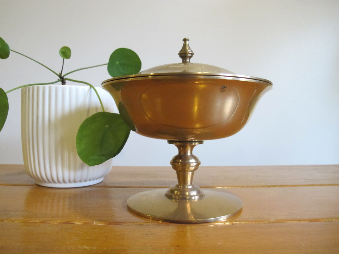 Brass Pedestal Serving Candy Dish Etched Vintage