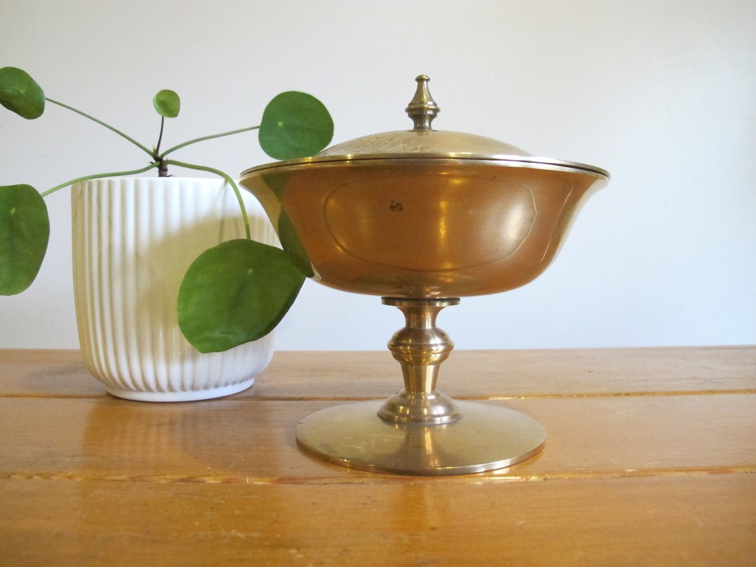 Brass Pedestal Serving Candy Dish Etched Vintage