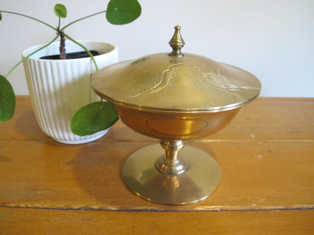 Brass Pedestal Serving Candy Dish Etched Vintage