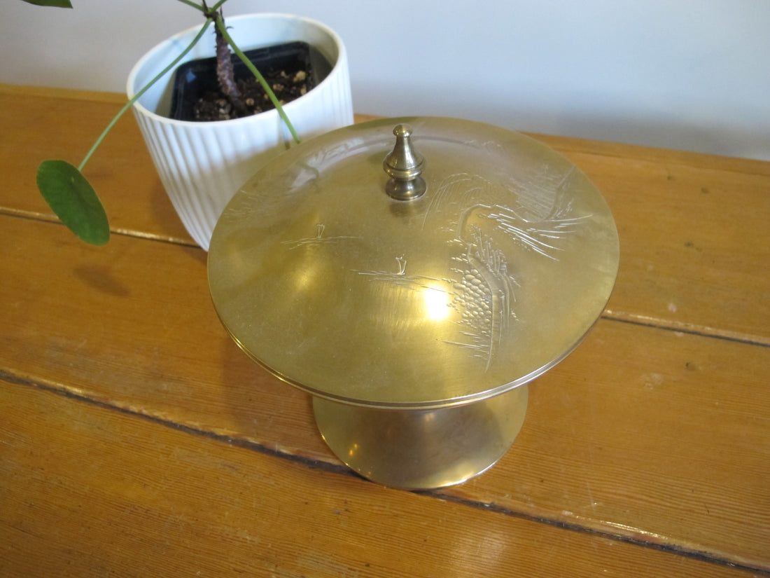Brass Pedestal Serving Candy Dish Etched Vintage