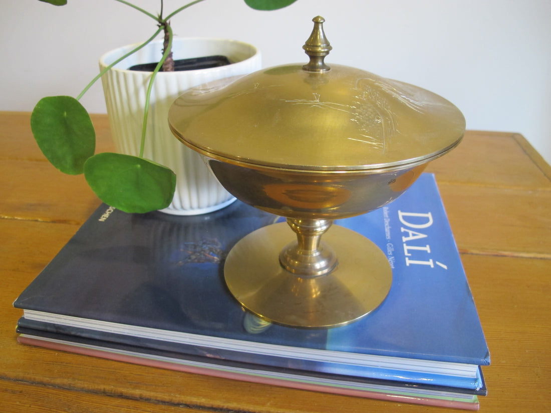 Brass Pedestal Serving Candy Dish Etched Vintage