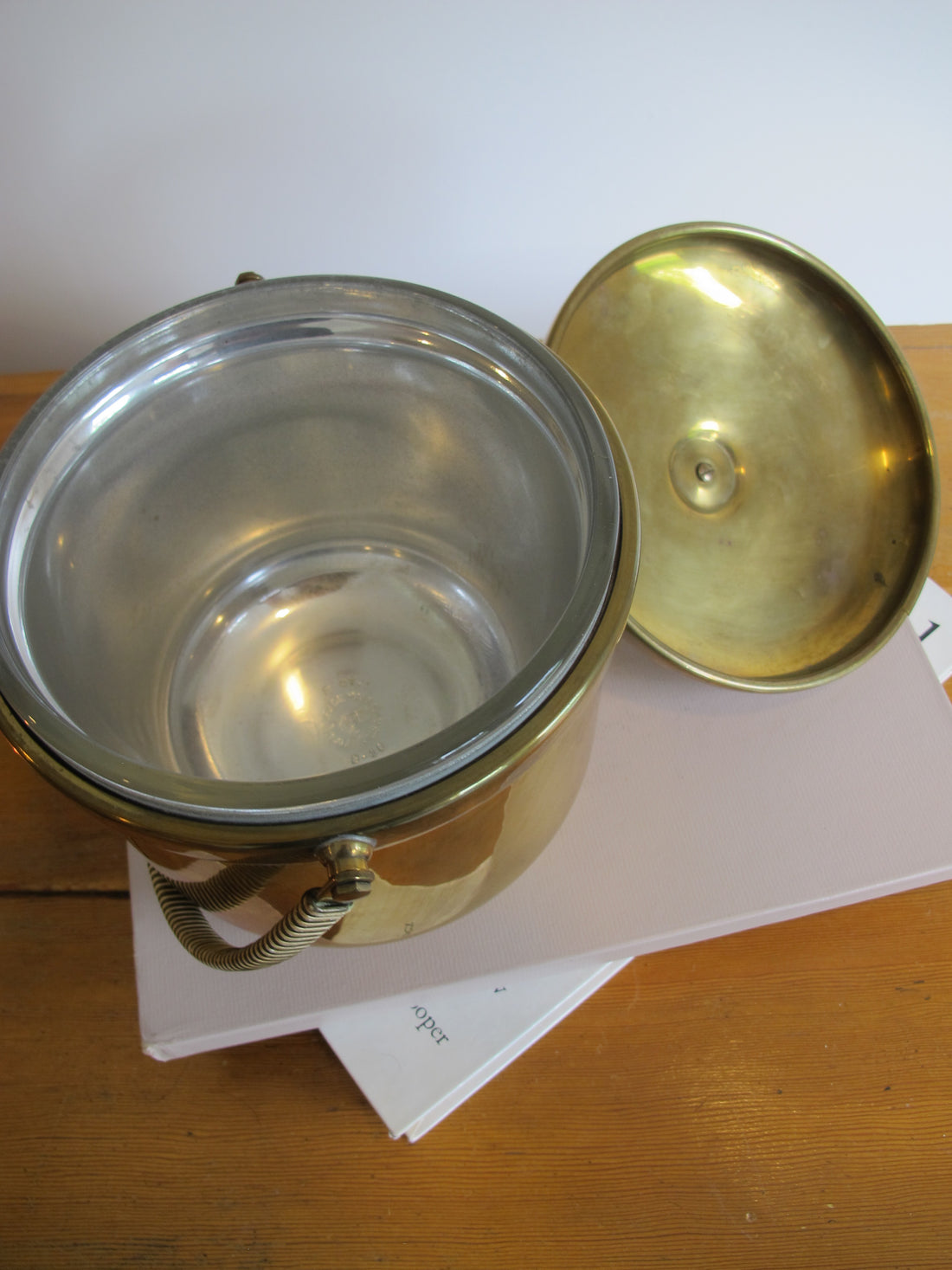 Vintage Pyrex & Brass Mid-Century Ice Bucket with Lid – Retro Barware Serving Accessory