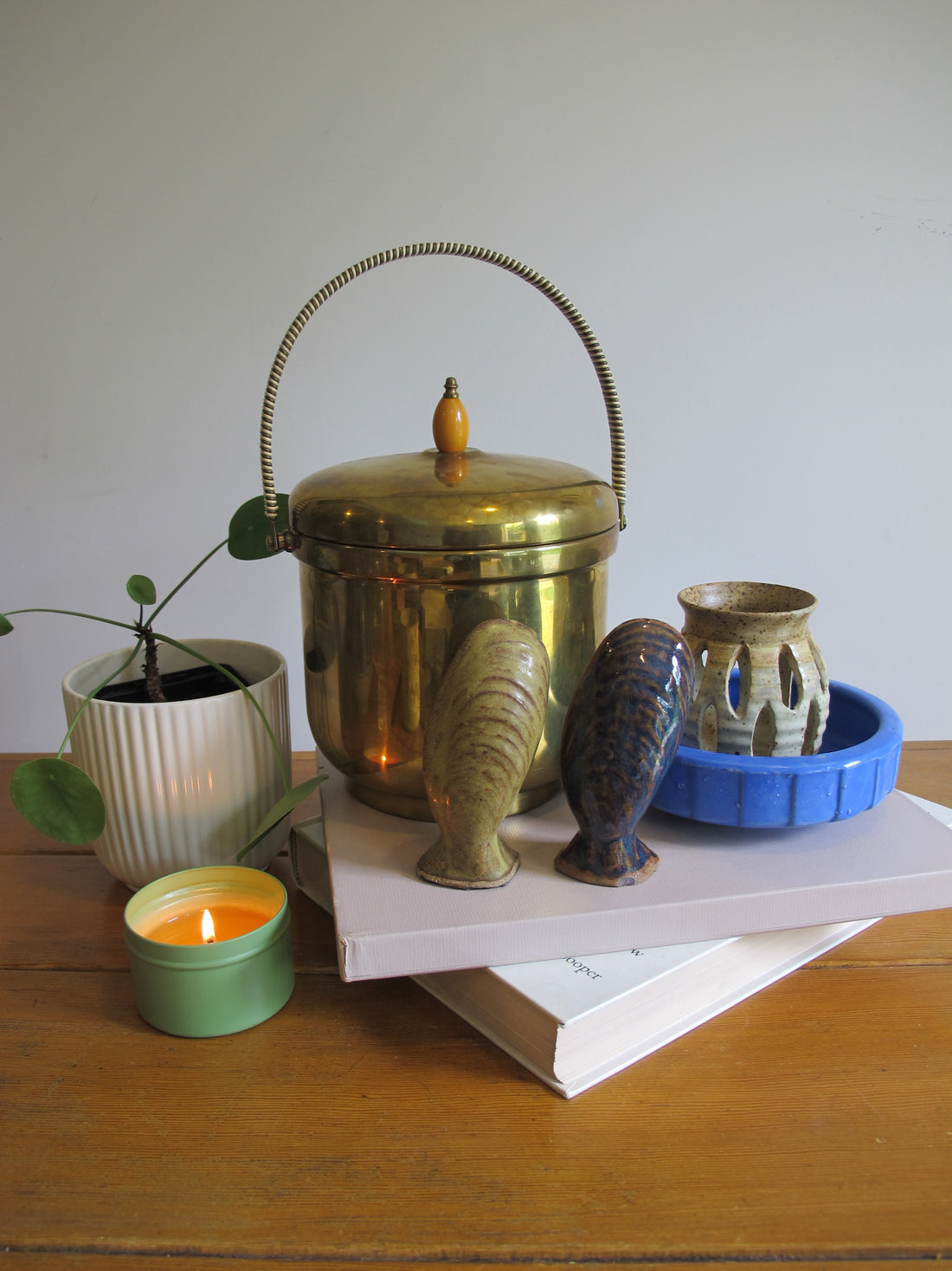 Vintage Pyrex & Brass Mid-Century Ice Bucket with Lid – Retro Barware Serving Accessory