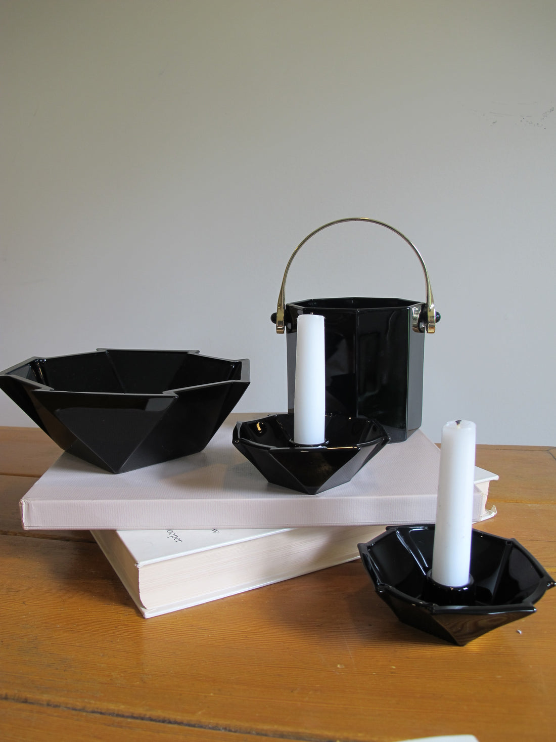 French Amethyst Black Glass Candle Holders and Dish – Vintage Decorative Glassware (Sold Individually)