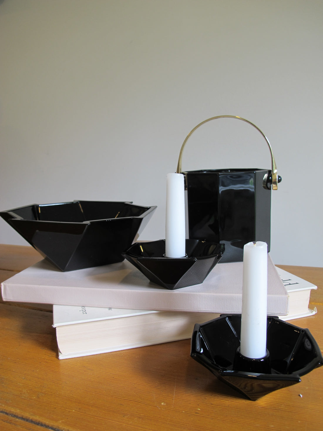 French Amethyst Black Glass Candle Holders and Dish – Vintage Decorative Glassware (Sold Individually)