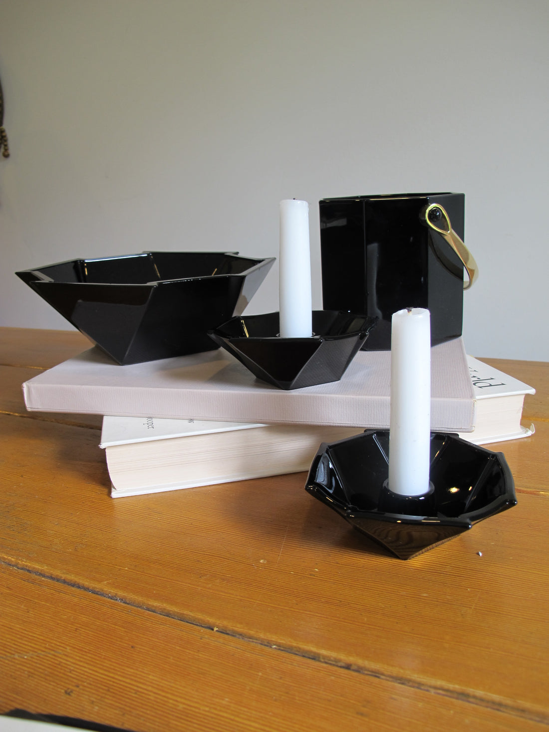 French Amethyst Black Glass Candle Holders and Dish – Vintage Decorative Glassware (Sold Individually)