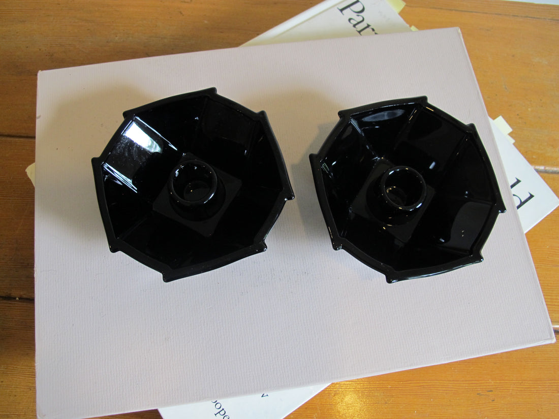 French Amethyst Black Glass Candle Holders and Dish – Vintage Decorative Glassware (Sold Individually)