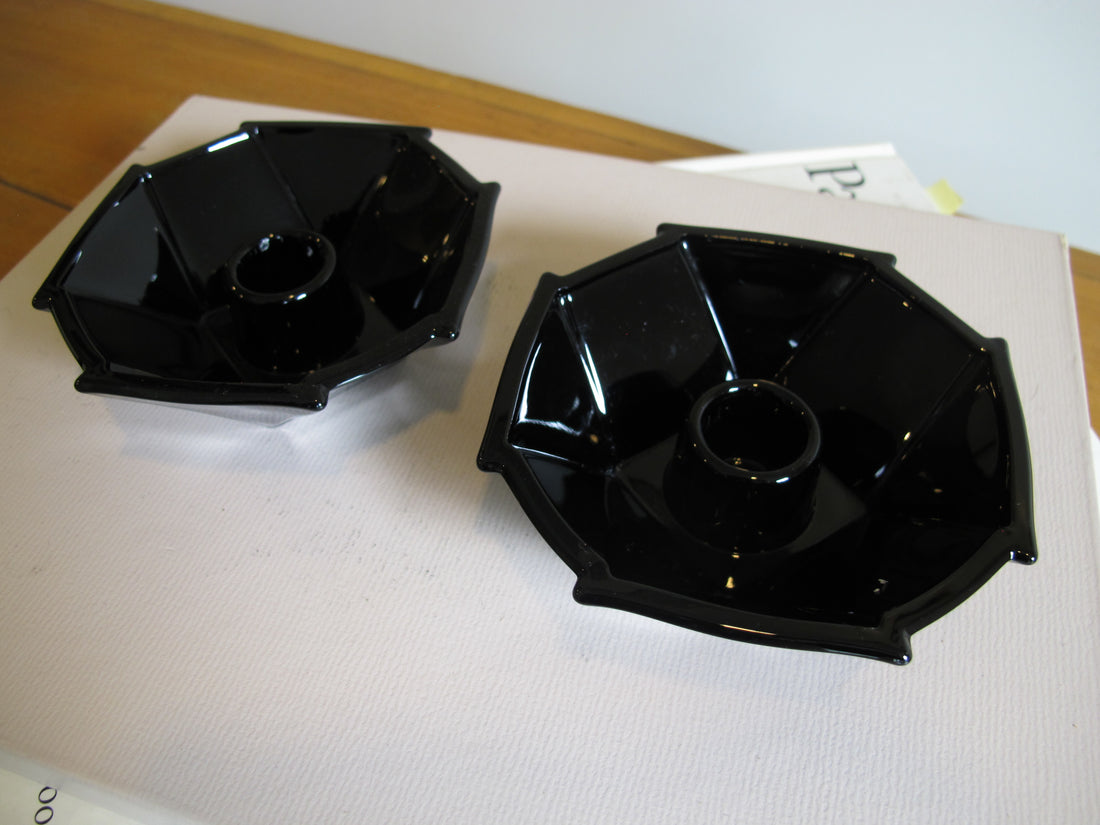 French Amethyst Black Glass Candle Holders and Dish – Vintage Decorative Glassware (Sold Individually)