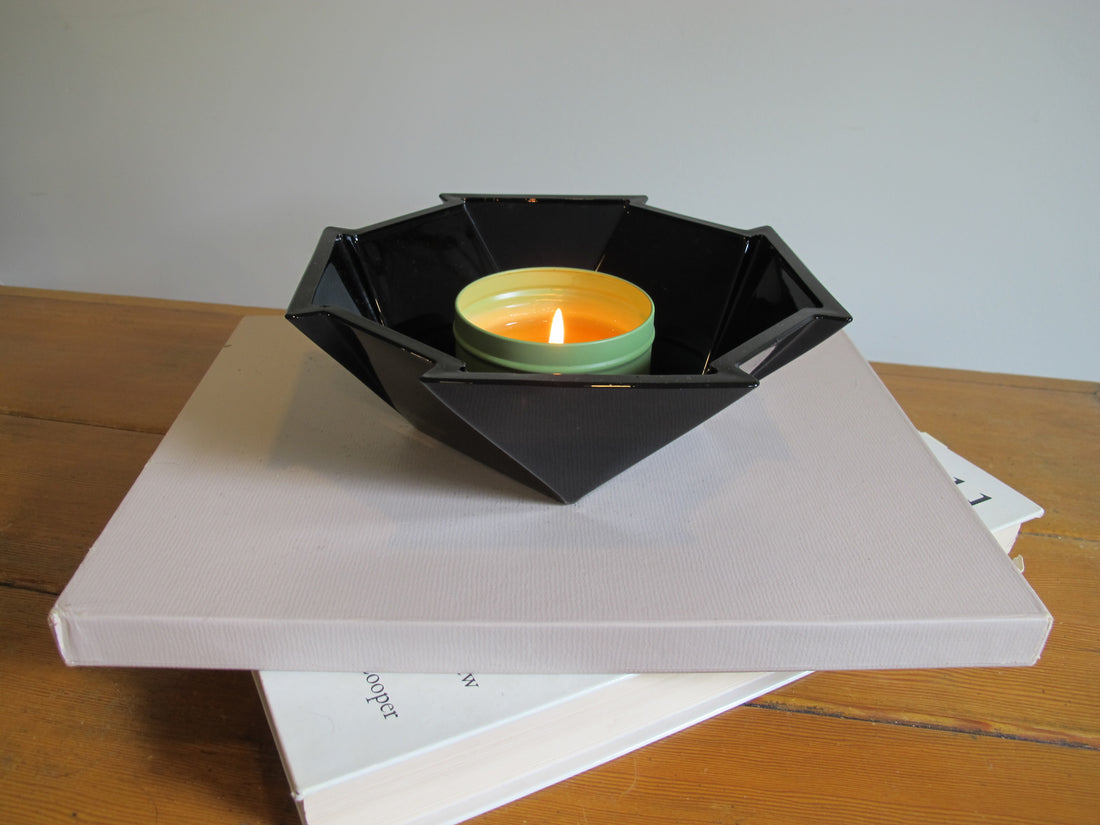 French Amethyst Black Glass Candle Holders and Dish – Vintage Decorative Glassware (Sold Individually)