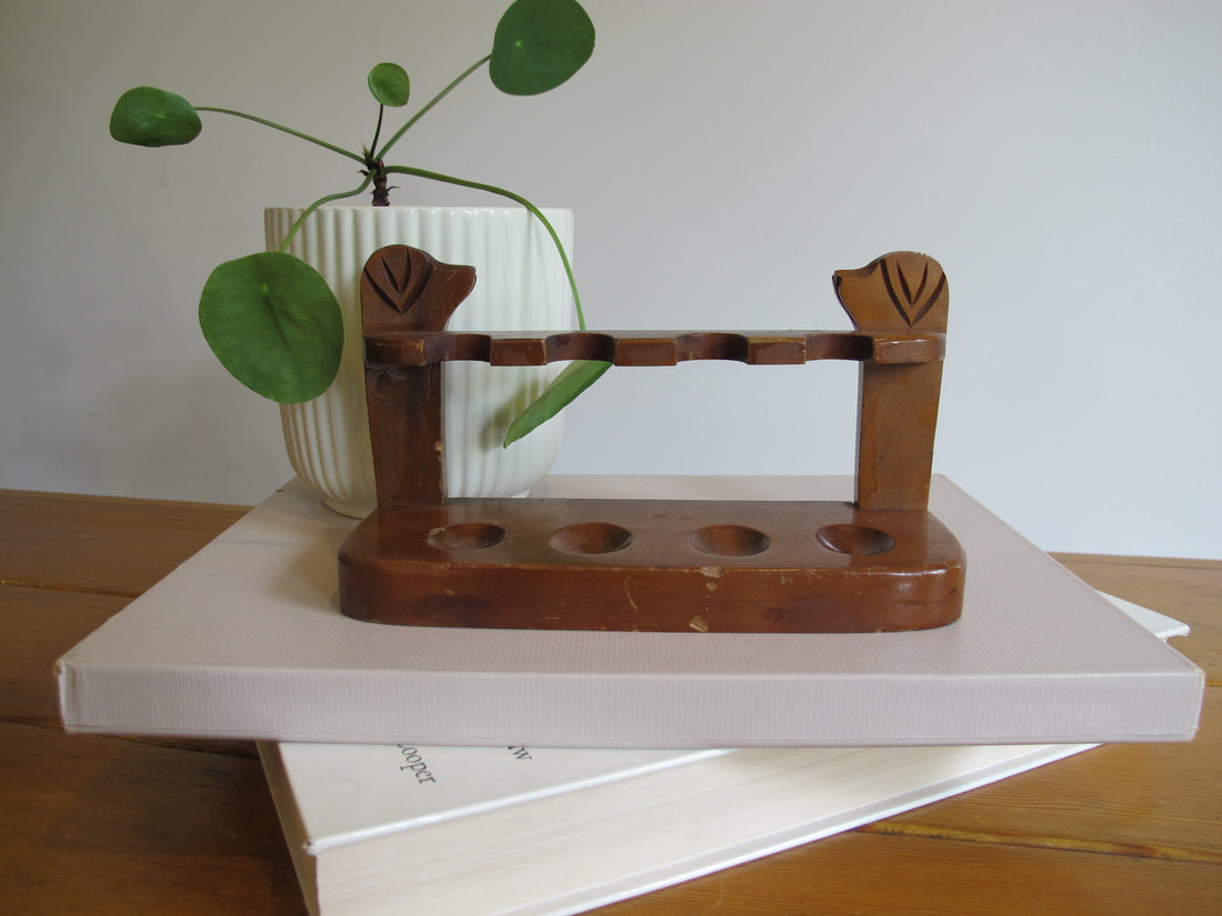 Vintage Carved Wood Dog Pipe Holder – Folk Art Smoking Pipe Stand