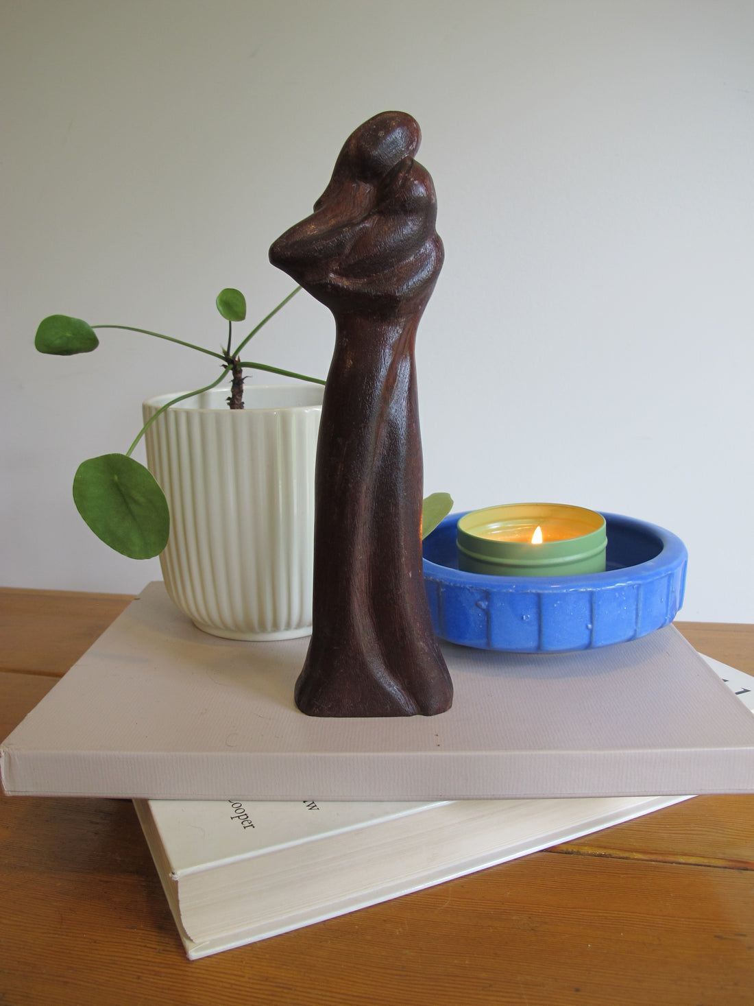 Vintage Signed Carved Wood Figure – Woman and Child Sculpture Folk Art Statue