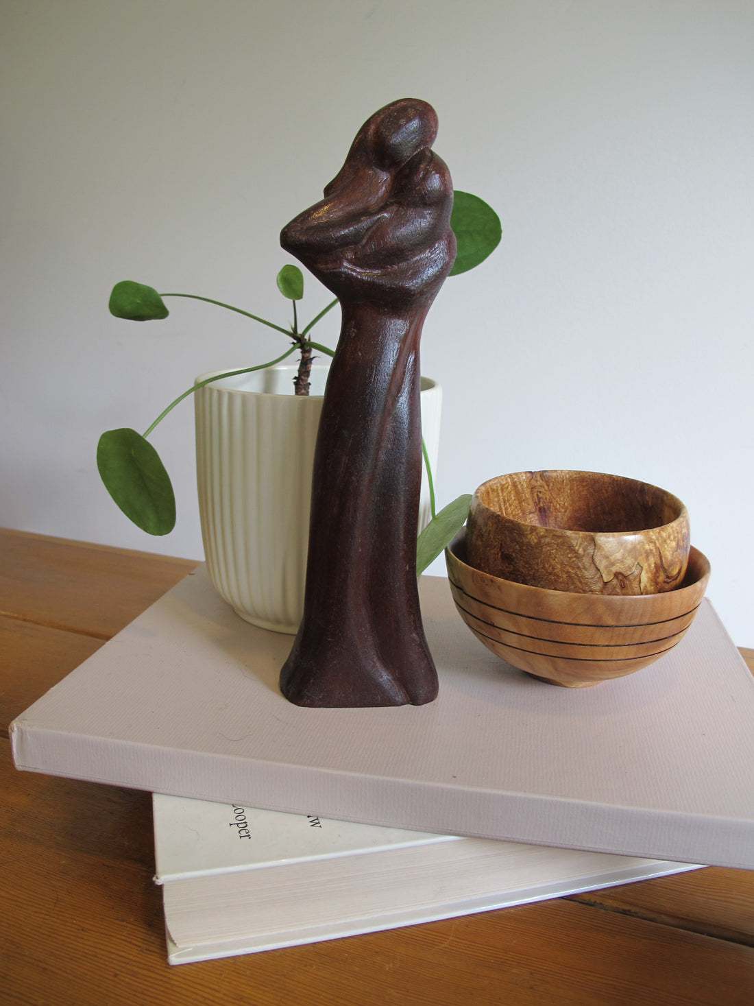 Vintage Signed Carved Wood Figure – Woman and Child Sculpture Folk Art Statue