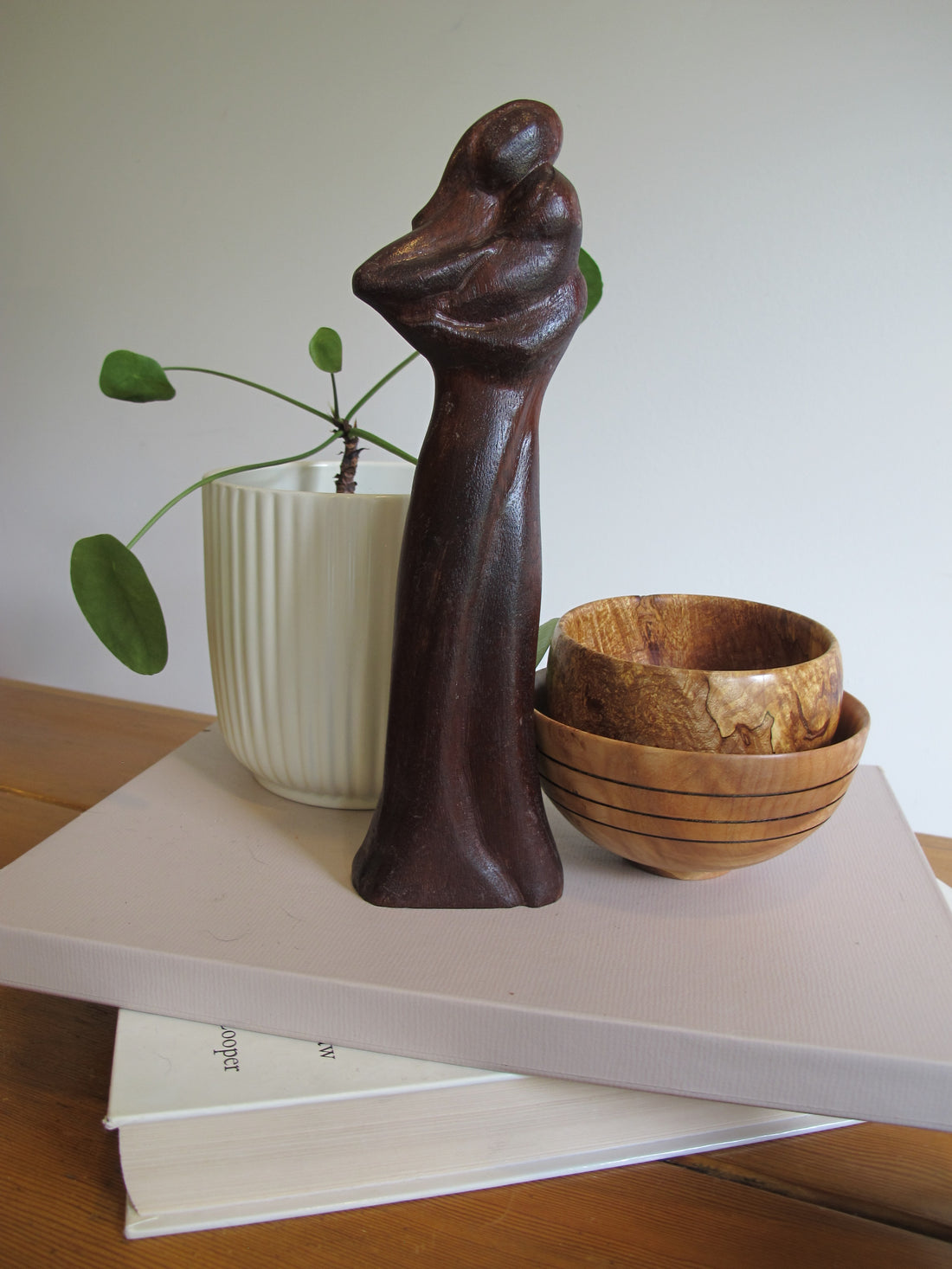 Vintage Signed Carved Wood Figure – Woman and Child Sculpture Folk Art Statue