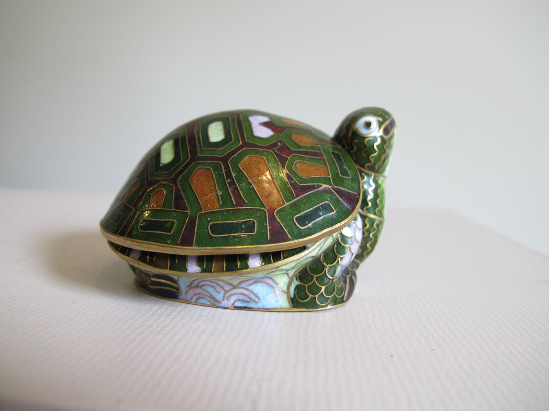 Enameled Turtle Trinket Jewelry Box Vintage